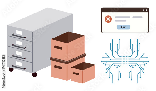 File cabinet, stacked boxes, error message pop-up window, and circuit board design symbolizing data storage, digital challenges, technology errors. Ideal for concepts of organization, technical