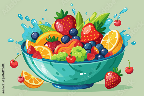 Vibrant fruit salad splash in a teal bowl