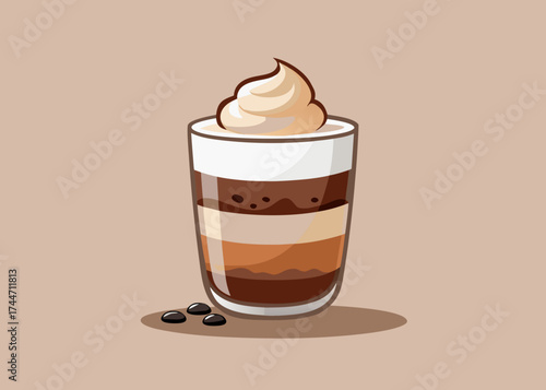 Layered coffee drink with whipped cream and coffee beans