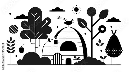 Whimsical black and white nature scene with beehive and teepee