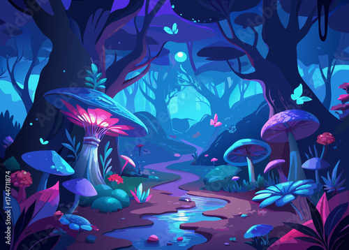 Enchanted forest with bioluminescent mushrooms and a winding stream