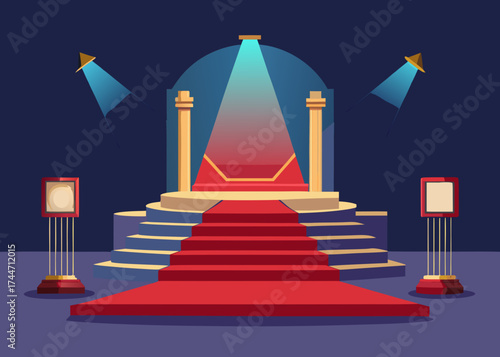 Grand red carpet stage with spotlights and pillars
