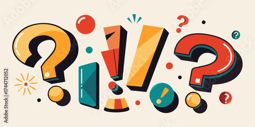 Colorful question and exclamation marks with geometric shapes