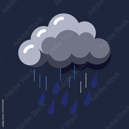 Dark storm cloud raining blue drops on a dark background
