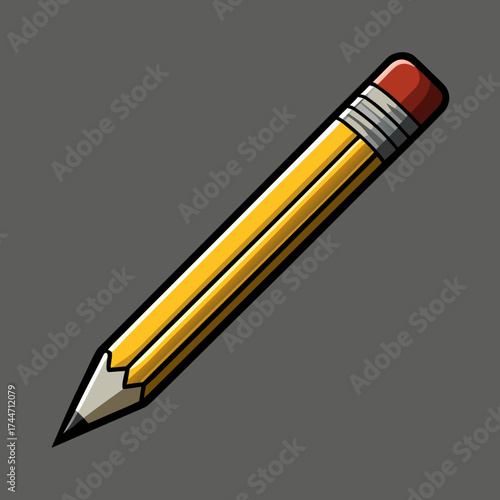 A sharpened yellow pencil with a red eraser on a gray background