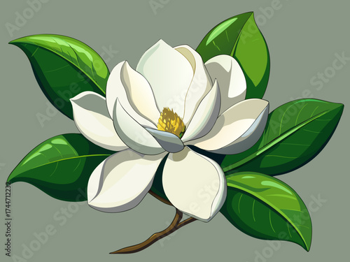 Beautiful white magnolia flower with green leaves