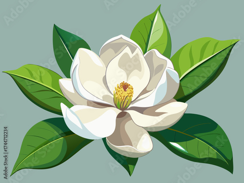 Elegant white magnolia flower with green leaves