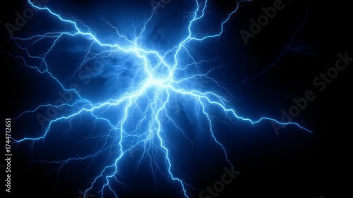 Dynamic video concept of blue lightning bolts against a dark sky, captured from a low angle, emphasizing energy and power in a dramatic style. Live desktop wallpaper.