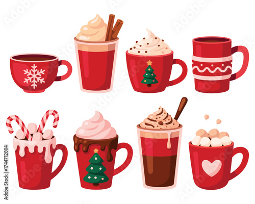 Christmas Hot Chocolate and Coffee Cups Vector Illustration