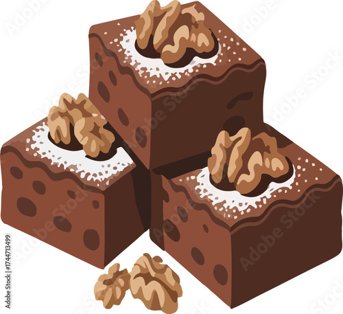 Delicious chocolate brownies topped with crunchy walnuts and dusted with powdered sugar
