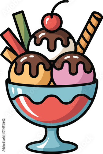 Colorful ice cream sundae with chocolate syrup cherry and wafers in a blue dessert bowl