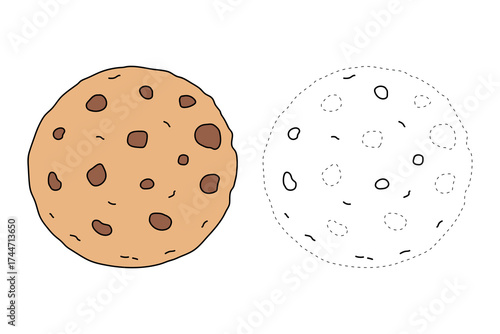 Cookies with chocochip trace and coloring page for kids in flat style vector illustration