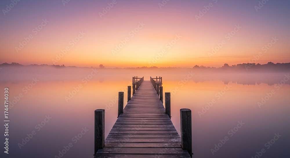 Obraz premium Wooden pier extending over tranquil water at sunrise with atmospheric mist