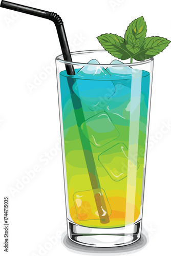 Colorful gradient cocktail glass with ice cubes, mint leaves garnish, refreshing summer beverage, layered drink illustration, tropical mocktail vector art, vibrant bar menu design