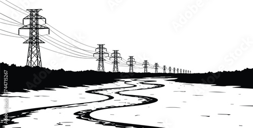High voltage power transmission towers, electricity pylons in landscape, energy infrastructure, blue graphic illustration, electric grid, industrial utility lines,