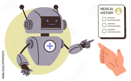 Robot with a medical cross pointing to medical history clipboard and human hand for guidance. Ideal for AI in healthcare, technology, patient management, medical data, innovation, robot-assisted