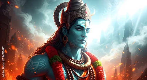 Lord shiva, the hindu deity, depicted with blue skin, adorned with a crown and necklaces, amidst a fiery and cloudy backdrop, symbolizing divine power and cosmic energy