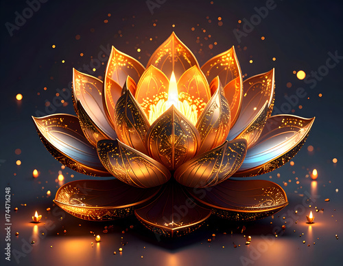 Luminous golden lotus flower with a glowing flame center and sparkling lights.