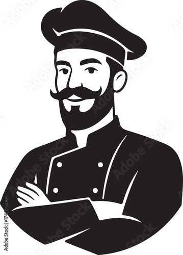 Professional Chef Logo Bearded Man in Toque and Uniform Culinary Master