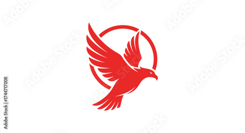 Dynamic red falcon soaring within a circular frame, symbolizing speed and freedom