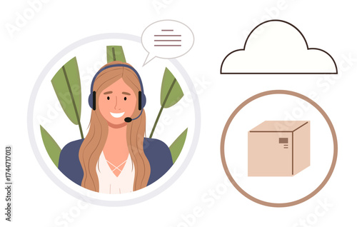 Smiling customer service agent with a headset in a circle, speech bubble, cloud icon, and delivery package illustration. Ideal for customer care, logistics, e-commerce, cloud service, communication