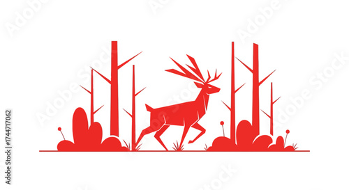 Elegant crimson deer silhouette strides gracefully through simplified forest scene illustration