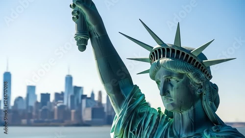 Statue of Liberty Crafted from Blocks against the Cityscape of New York Under a Clear Sky Bright Sunlight View