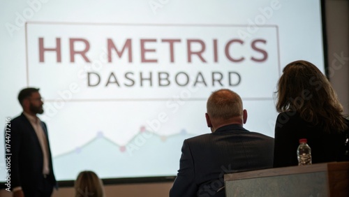 Business presentation in modern office showcasing HR metrics dashboard during a corporate meeting with engaged audience