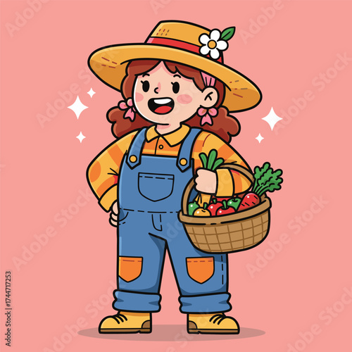 Cheerful cartoon farmer girl holding a basket of fresh vegetables, dressed in colorful overalls and a straw hat with flower accents, set against a sparkly pink background.
