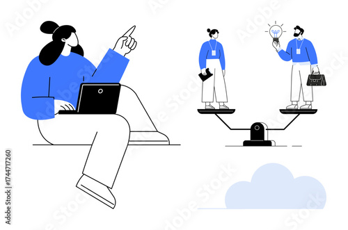 Woman working on a laptop pointing at colleagues on a seesaw balancing work and innovation. Ideal for teamwork, leadership, workplace equality, creativity, decision-making, collaboration