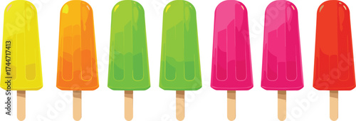 Colorful popsicle row, vibrant frozen dessert illustration, summer ice cream treats, fruity flavors, glossy digital artwork, rainbow palette, sweet snack design, refreshing cold food art