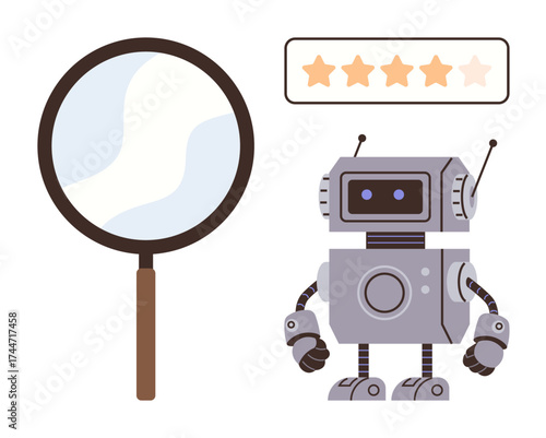 Robot with mechanical design next to magnifying glass and a 5-star rating bar. Ideal for AI assessment, technology review, customer satisfaction, innovation, quality evaluation, robotics, futuristic