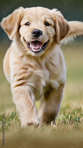 A playful golden retriever puppy runs towards the camera, capturing a joyful moment. The low-angle shot adds dynamic energy, perfect for a heartwarming video. Live mobile wallpaper.