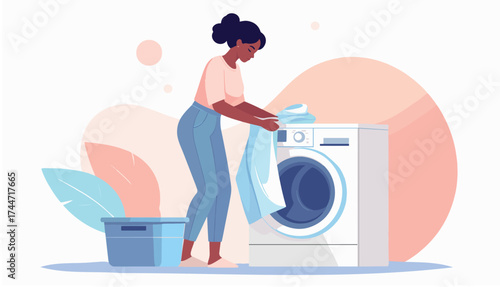 Woman loading clothes into a washing machine for laundry day.