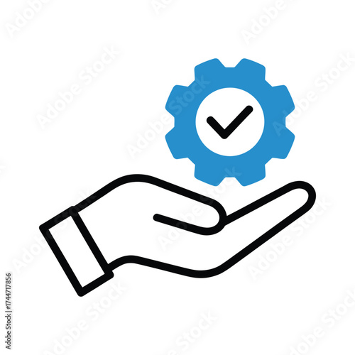 Hand holding a blue gear with a checkmark symbolizing successful service and support