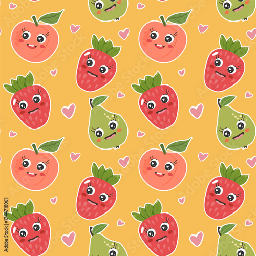 Seamless pattern with kawaii fruits. Cute smiling pear, peach and strawberries in cartoon doodle style. Playful summer background for kids, textile, wrapping paper and decor.