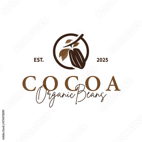 simple concept of cocoa bean logo, old vintage design and symbol of plantation plant and beverage template, illustration of brand product symbol and poster template