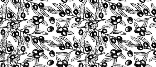 Hand drawn vector olive branches and leaves pattern or background, sketch outline. Vintage linear olive tree texture, perfect for food and cosmetics packaging, textile print, fabric design, and wrappi