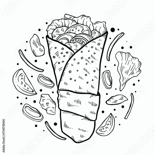 Hand drawn engraving style illustration of a delicious shawarma