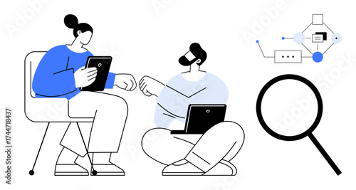 Two professionals interacting with a tablet and laptop, magnifying glass, and flow diagram. Ideal for teamwork, cooperation, research, data analysis, communication innovation education. Simple flat