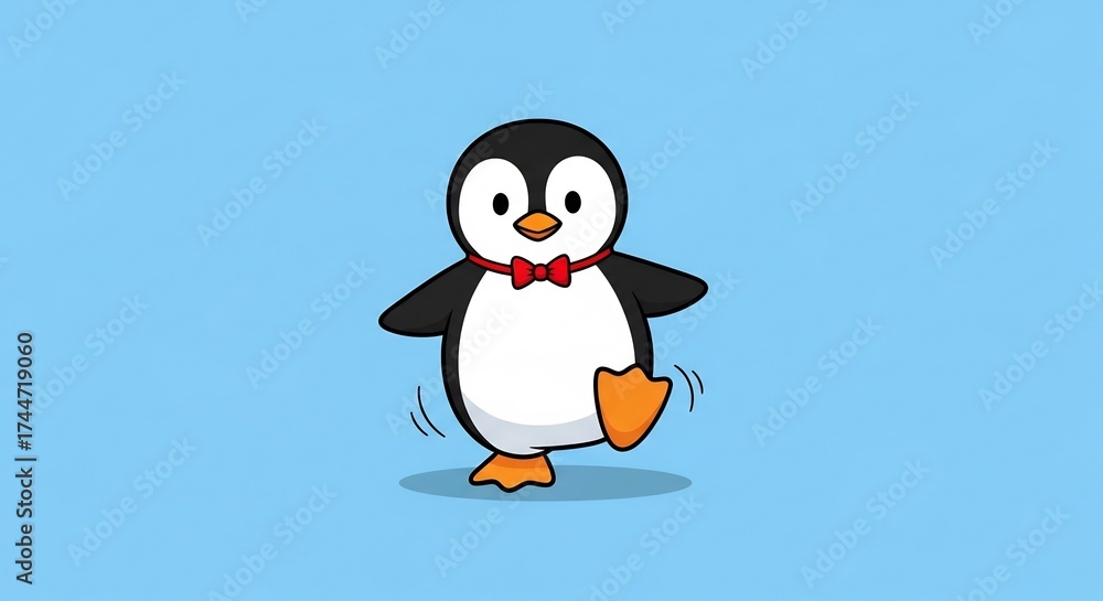 Fototapeta premium Cute penguin cartoon for Christmas cards or zoo themed children's books. Adorable animal illustration for educational materials, party invites, or festive designs.