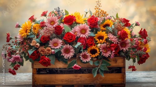 A wooden crate filled with a vibrant assortment of sunflowers roses and daisies on a wooden surface