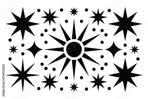 A radiant burst of star silhouettes against a white canvas, creating a celestial and minimalist art piece