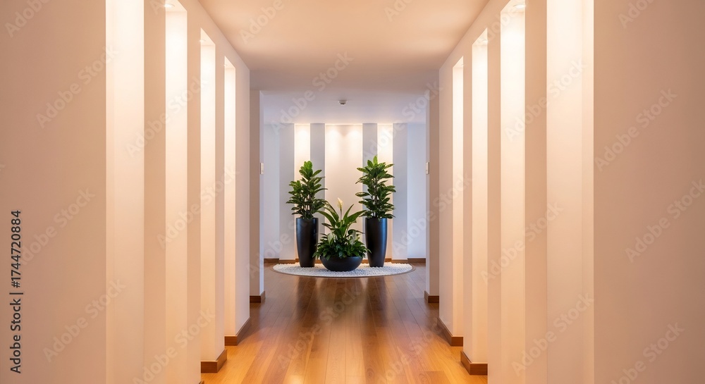 Fototapeta premium Hallway view with three large plant pots set against a white stripe backdrop at the end
