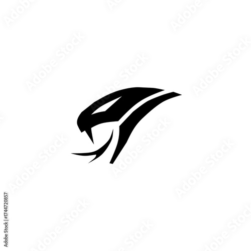 A sleek black silhouette of a striking snake or cobra head, featuring sharp fangs and an aggressive, modern style. It represents stealth and danger.