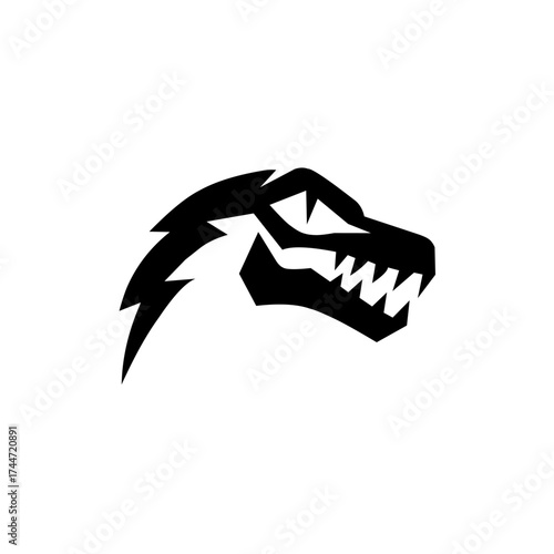 A fierce black silhouette of a monster's head—possibly a dragon or dinosaur—with sharp, jagged teeth and an intense, evil eye. It conveys aggression and danger.
