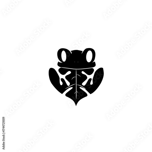 Elegant black frog design featuring a leaf shape integrated into its body. A modern, minimalist symbol of nature, wildlife, and growth.