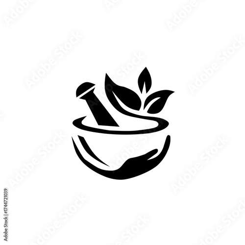 A black silhouette logo showing a mortar and pestle held by a hand, topped with fresh leaves. Represents herbal medicine, pharmacy, organic, and natural wellness.