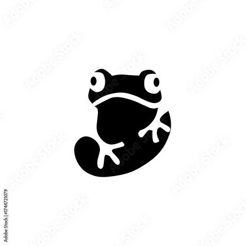 A cute black silhouette of a frog with large, expressive eyes. Playful and charming minimalist amphibian logo for nature, children's brands, or gaming.