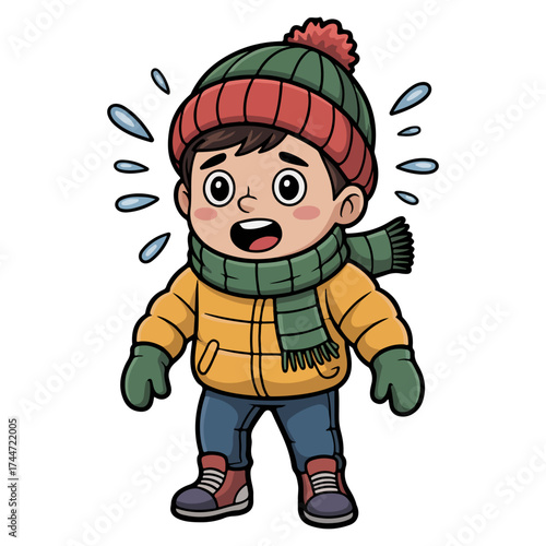 A cartoon illustration of a young person experiencing cold weather while wearing a hat and scarf